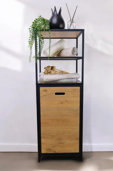 Digitho Metal Kirli Sepetli 3 Raflı Çok Amaçlı Banyo Düzenleyici Raf Organizer Siyah/Atlantik Çam – MRS-008 C1-1-369 - 2