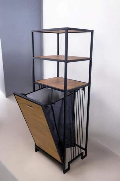 Digitho Metal Kirli Sepetli 3 Raflı Çok Amaçlı Banyo Düzenleyici Raf Organizer Siyah/Atlantik Çam – MRS-008 C1-1-369 - 4