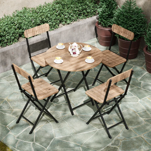 Eportatif 4 Kişilik Yuvarlak Bistro Takım Bahçe Mutfak Masa Sandalye Çam 1500