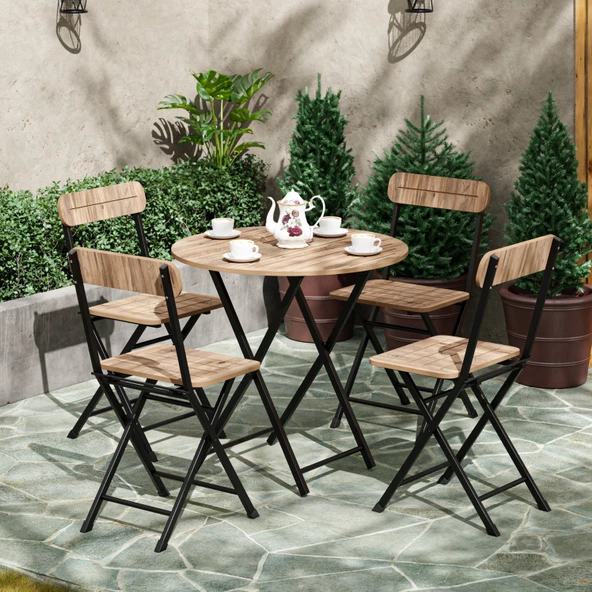 Eportatif 4 Kişilik Yuvarlak Bistro Takım Bahçe Mutfak Masa Sandalye Çam 1500 - 3