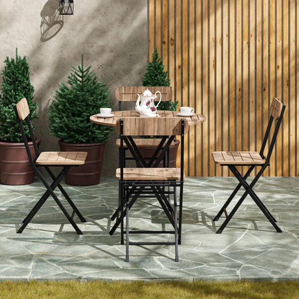 Eportatif 4 Kişilik Yuvarlak Bistro Takım Bahçe Mutfak Masa Sandalye Çam 1500 - 5