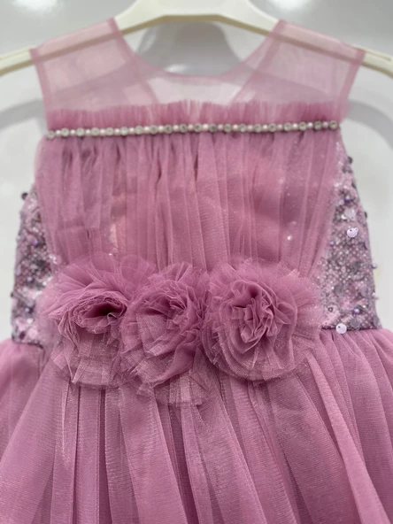 uğurböceğiçocuk 4407 Pul Detay Beli Ponponlu Kız Çocuk Abiye - 9