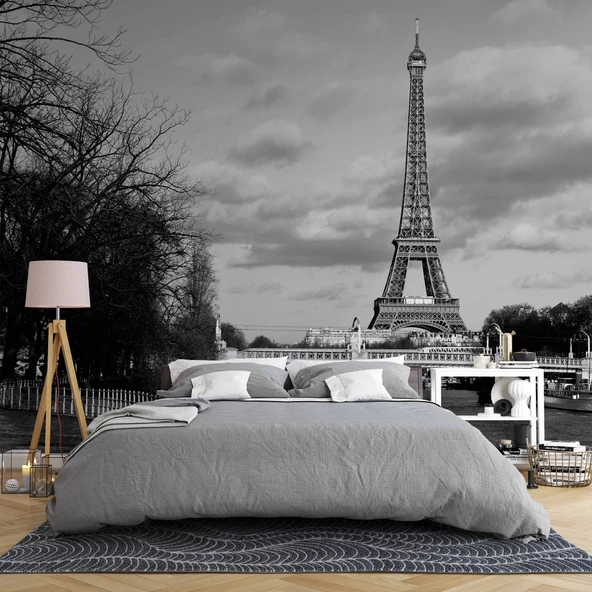 Siyah Beyaz Paris Eyfel Kulesi Duvar Kağıdı - Resim 2