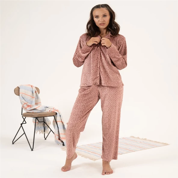 Estiva Desenli Önden Düğmeli Kadife Bayan Pijama Takım - 2