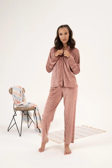 Estiva Desenli Önden Düğmeli Kadife Bayan Pijama Takım - 5