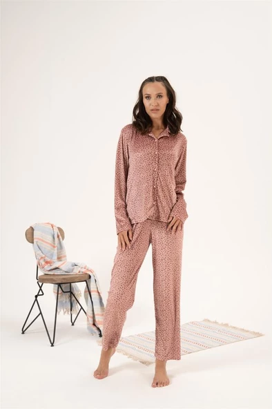 Estiva Desenli Önden Düğmeli Kadife Bayan Pijama Takım - 4