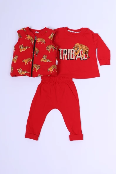 ERKEK BEBEK 3`LÜ TAKIM 3 İPLİK YELEKLİ KAPLAN BASKILI FERMUARLI C57 - 2