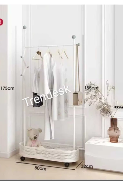 TRENDESK Ayaklı Beyaz  Konfeksiyon Askısı Metal  Elbise Askılığı Oval  Sepetli askılık Tekerlekli 175 cm 6006 - 3