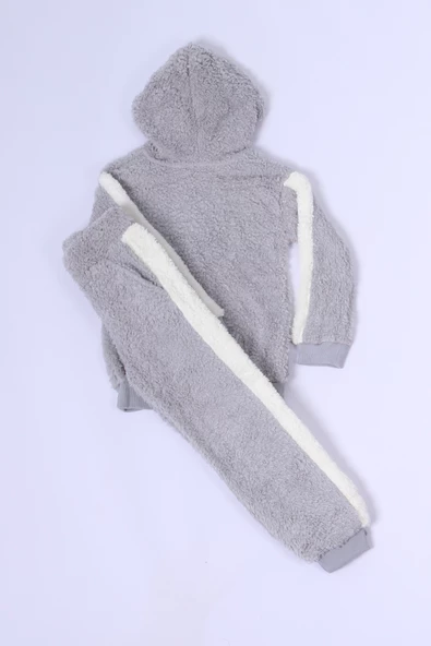 KIZ ÇOCUK PELUŞ EŞOFMAN TAKIMI NAKIŞLI KAPÜŞONLU D48 - Resim 3