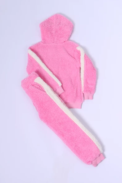 KIZ ÇOCUK PELUŞ EŞOFMAN TAKIMI NAKIŞLI KAPÜŞONLU D48 - Resim 6