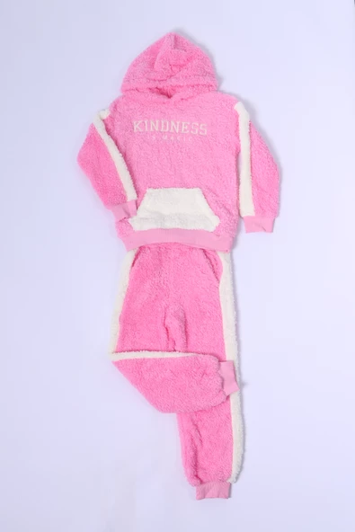 KIZ ÇOCUK PELUŞ EŞOFMAN TAKIMI NAKIŞLI KAPÜŞONLU D48 - Resim 4