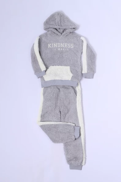 KIZ ÇOCUK PELUŞ EŞOFMAN TAKIMI NAKIŞLI KAPÜŞONLU D48 ürün görseli