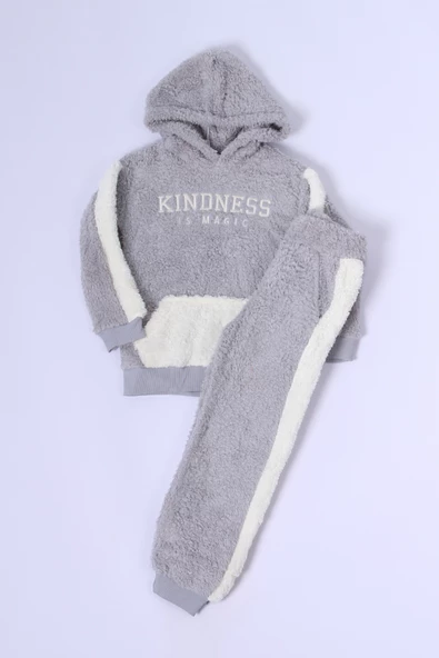 KIZ ÇOCUK PELUŞ EŞOFMAN TAKIMI NAKIŞLI KAPÜŞONLU D48 - Resim 2