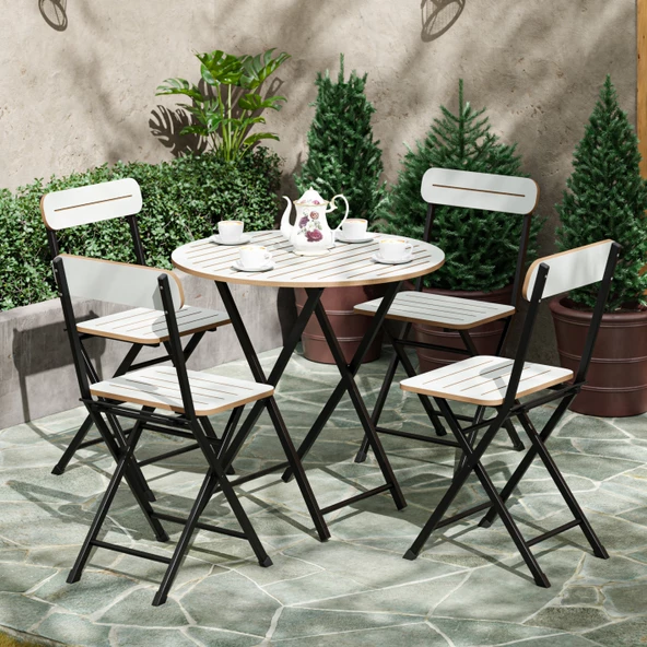 Eportatif 4 Kişilik Yuvarlak Bistro Takım Bahçe Mutfak Masa Sandalye Beyaz 1501