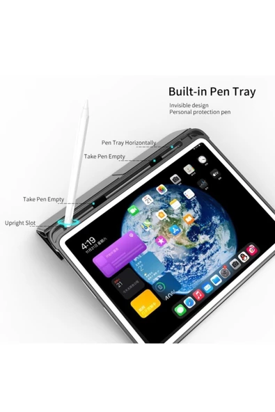 Samsung Tab S9 (X710) / Tab S9 Fe (X510) Kılıf Kalem Bölmeli Uyku Modlu Standlı Arkası Silikon Kapak - 4