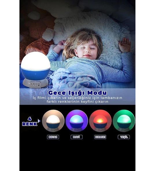QASUL Çocuk Bebek Ve Çocuk Odası Gece Masa Lambası Işık Küre Projektörlü Yansıtmalı Renkli Yıldızlı Küre - 4