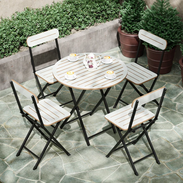 Eportatif 4 Kişilik Yuvarlak Bistro Takım Bahçe Mutfak Masa Sandalye Beyaz 1501 - 2