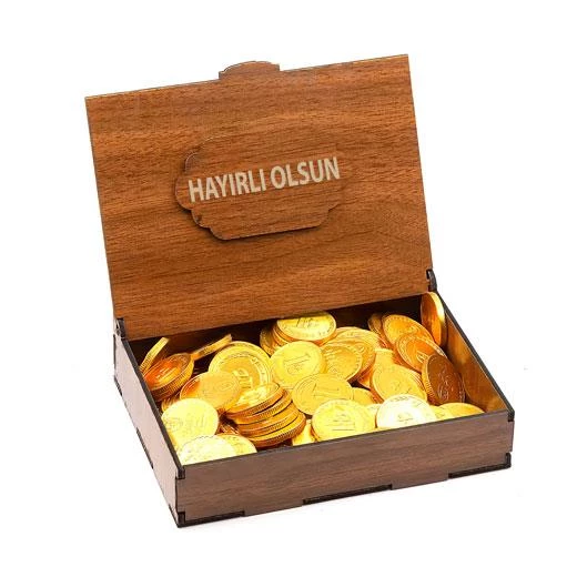 Sevdiklerinize Özel Ahşap Hediye Kutusunda Para Çikolata ( Hayırlı Olsun Yazılı ) - 1
