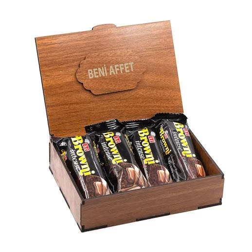 Sevdiklerinize Özel Ahşap Hediye Kutusunda 4 Adet Browni Intense ( Beni Affet Yazılı )