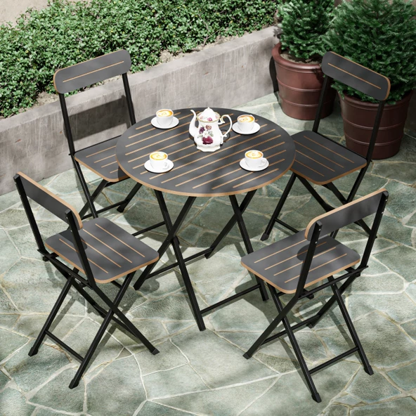 Eportatif 4 Kişilik Yuvarlak Bistro Takım Bahçe Mutfak Masa Sandalye Füme 1502 - 2