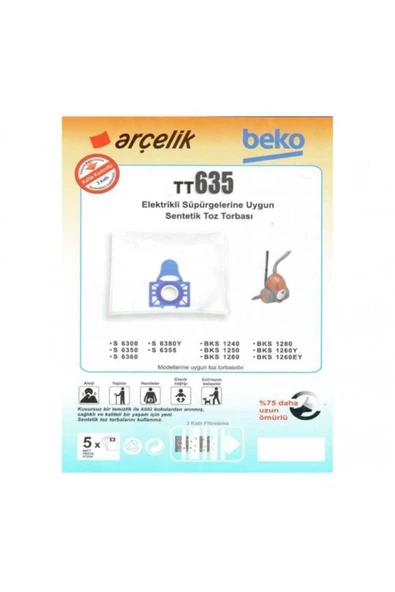 Arçelik - Beko S6300 6350 6355 6355yp 6360 6380y Elektrikli Süpürge Toz Torbası 20 Adet