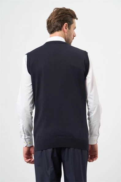Koyu Lacivert Düz Örme V Yaka Classic Comfort Fit Triko 1012245003 - 5