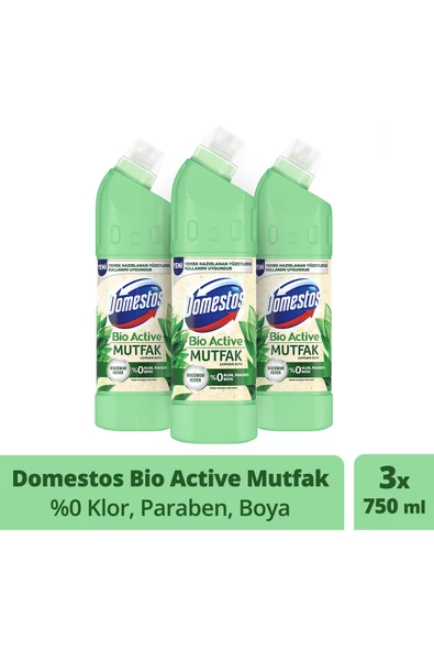 DOMESTOS Çamaşır Suyu Bio Active Mutfak Yemek Hazırlanan Yüzeyler Için Kireç Sökücü 750 Mlx3