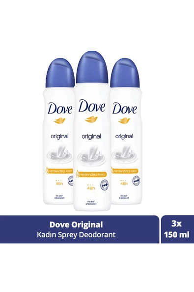 DOVE Kadın Sprey Deodorant Original 1/4 Nemlendirici Krem Etkili 150 ml X3 Adet