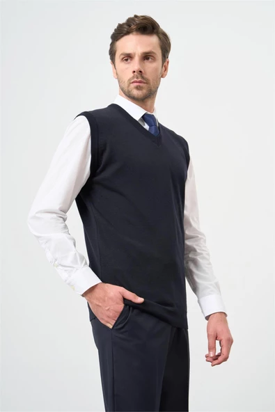 Koyu Lacivert Düz Örme V Yaka Classic Comfort Fit Triko 1012245003 - 3