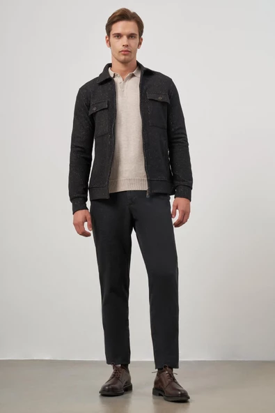 Siyah Örme Bebe Yaka Kendinden Desenli Yırtmaçsız Astarsız Slim Fit Classic Mont 1007245156 - Resim 2