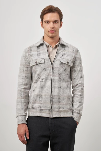 Taş Rengi Örme Bebe Yaka Kendinden Desenli Yırtmaçsız Astarsız Slim Fit Classic Mont 1007245157 - Resim 4