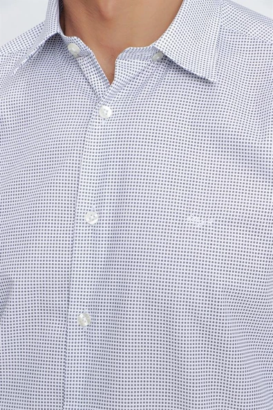 Koyu Lacivert Uzun Kol Baskılı Biritli Yaka  Slim Fit Dar Kesim Klasik Gömlek 1004220922 - Resim 5