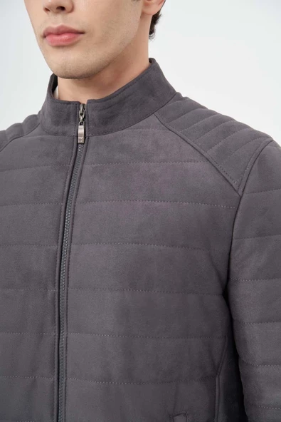Antrasit Süet Suni Deri Hakim Yaka Düz Yırtmaçsız Tam Astar Slim Fit Casual Deri Mont 1038245150 - Resim 4