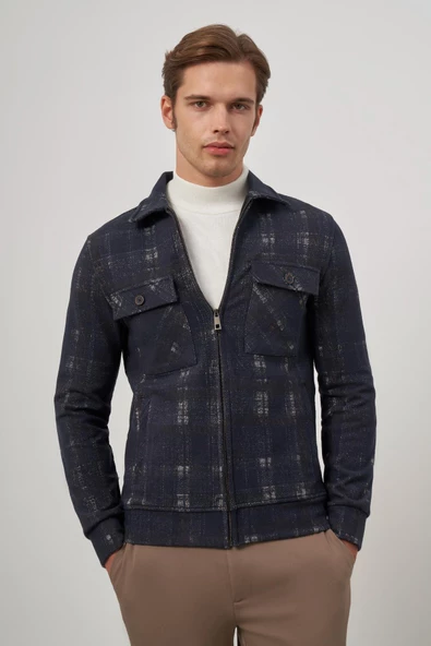 Koyu Lacivert Örme Bebe Yaka Kendinden Desenli Yırtmaçsız Astarsız Slim Fit Classic Mont 1007245157 - Resim 5