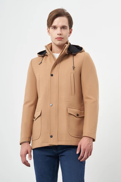 Camel Kaşe Dik Yaka Astarlı Slim Fit Dar Kesim Klasik Kaban 1008245272