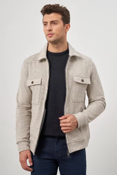 Bej Örme Bebe Yaka Kendinden Desenli Yırtmaçsız Astarsız Slim Fit Classic Mont 1007245156 - Resim 5