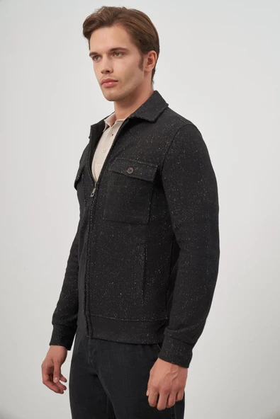 Siyah Örme Bebe Yaka Kendinden Desenli Yırtmaçsız Astarsız Slim Fit Classic Mont 1007245156 - Resim 3