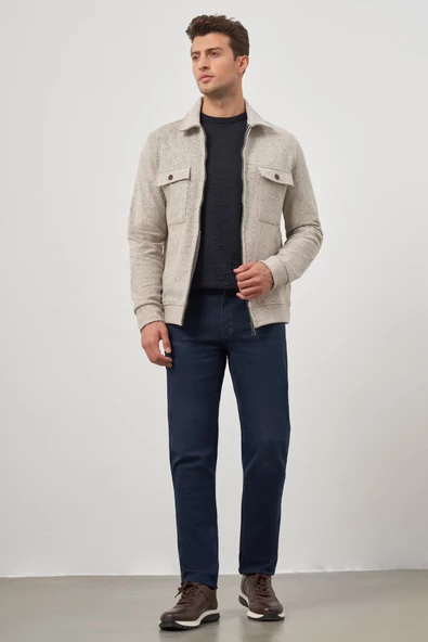 Bej Örme Bebe Yaka Kendinden Desenli Yırtmaçsız Astarsız Slim Fit Classic Mont 1007245156 - Resim 2