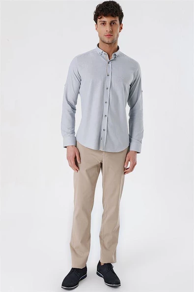 Gri Kısalabilir Kollu Cepsiz Biyeli %100 Pamuk Casual Slim Fit Dar Kesim Gömlek 1004230179 - Resim 3