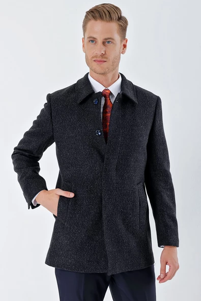 Koyu Lacivert Kaşe Bebe Yaka Desenli Kapitoneli Astar Comfort Fit Rahat Kesim Klasik Kaban 1008235163 - 5