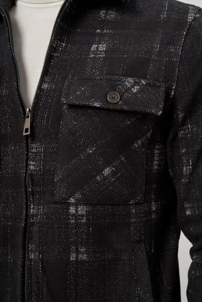 Siyah Örme Bebe Yaka Kendinden Desenli Yırtmaçsız Astarsız Slim Fit Classic Mont 1007245157 - Resim 6