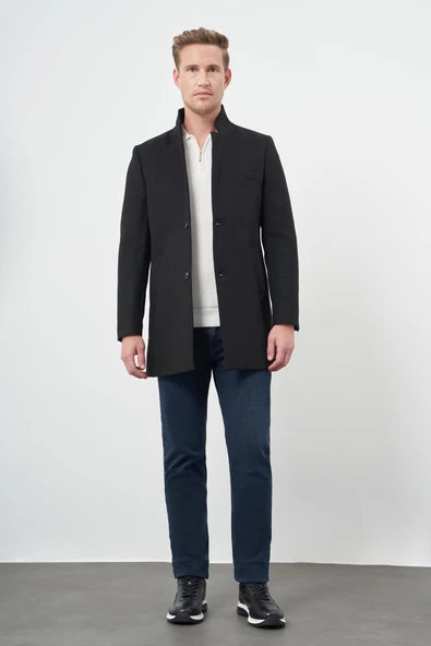 Siyah Kaşe Dik Yaka Kapitoneli Astar Slim Fit Dar Kesim Klasik Kaban 1008245171 - 2
