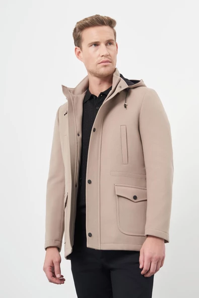 Taş Rengi Kaşe Dik Yaka Astarlı Slim Fit Dar Kesim Klasik Kaban 1008245272 - 5