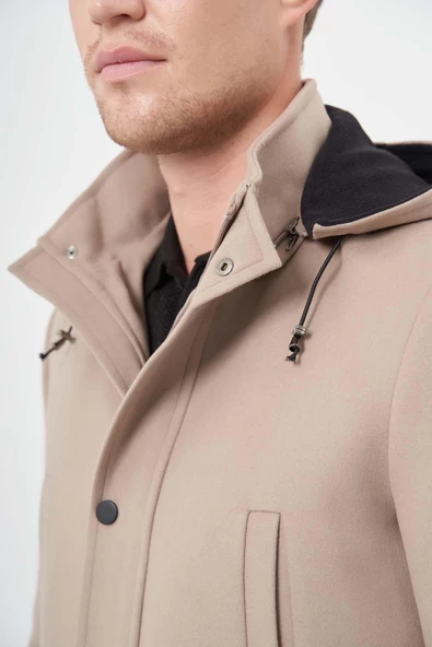 Taş Rengi Kaşe Dik Yaka Astarlı Slim Fit Dar Kesim Klasik Kaban 1008245272 - 6