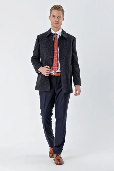 Koyu Lacivert Kaşe Bebe Yaka Desenli Kapitoneli Astar Comfort Fit Rahat Kesim Klasik Kaban 1008235163 - 4