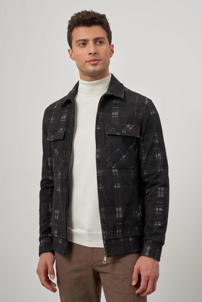 Siyah Örme Bebe Yaka Kendinden Desenli Yırtmaçsız Astarsız Slim Fit Classic Mont 1007245157 - Resim 3