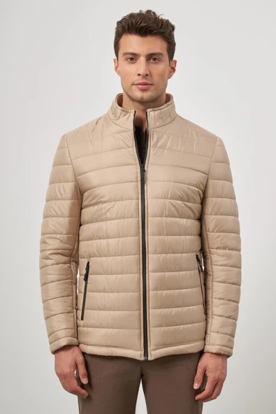 Bej Kapitone Hakim Yaka Düz Yırtmaçsız Tam Astar Slim Fit Classic Mont 1007245155 - Resim 3