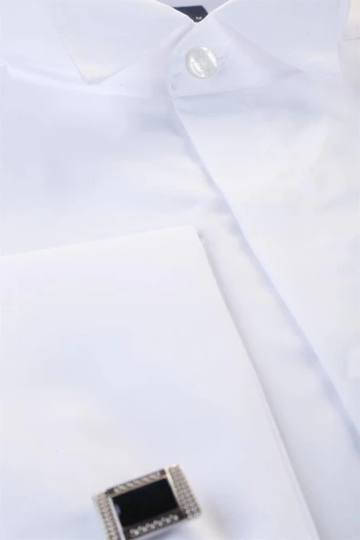 Beyaz Uzun Kol Ata Yaka  Slim Fit Dar Kesim Basic Gömlek 1004205060 - Resim 3