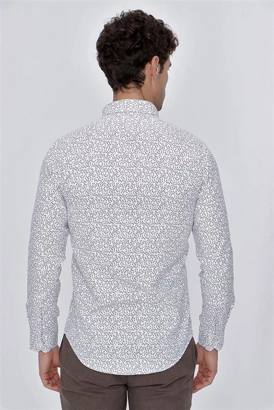 Koyu Bej Uzun Kol Baskılı Balıksırtı Düğmeli Yaka  Pamuklu Slim Fit Dar Kesim Klasik Gömlek 1004225911 - 7