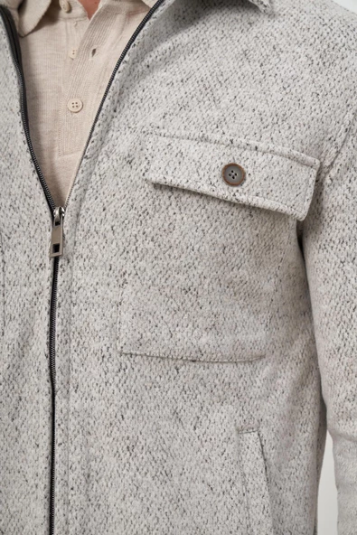 Taş Rengi Örme Bebe Yaka Kendinden Desenli Yırtmaçsız Astarsız Slim Fit Classic Mont 1007245156 - Resim 6